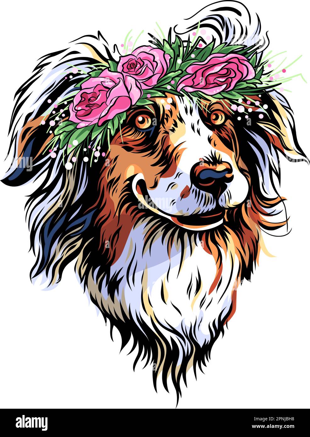 Color sketch of dog Australian Shepherd breed in flower wreath Stock Vector
