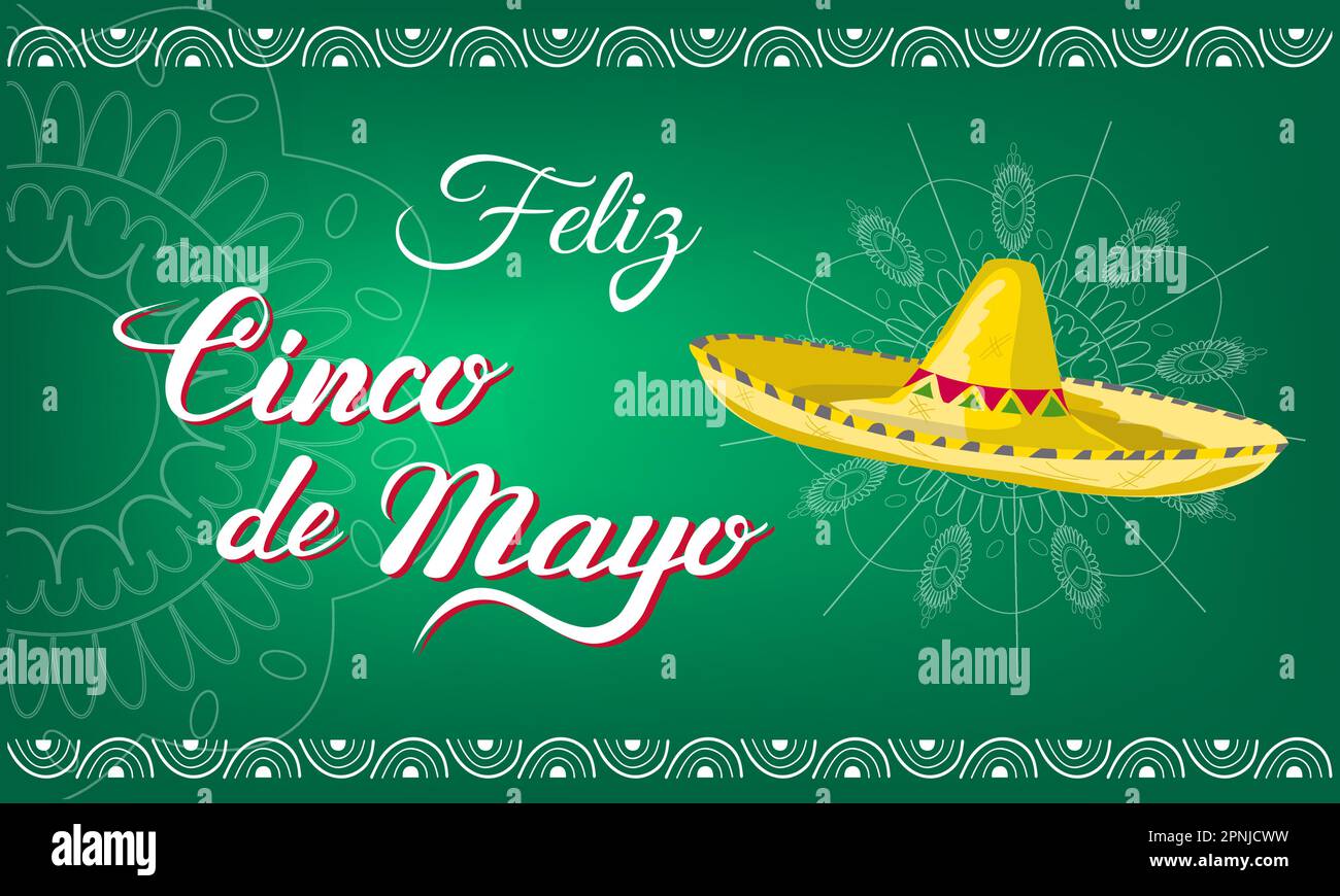 Happy Cinco de Mayo, greeting with sombrero, lettering, mandalas Stock