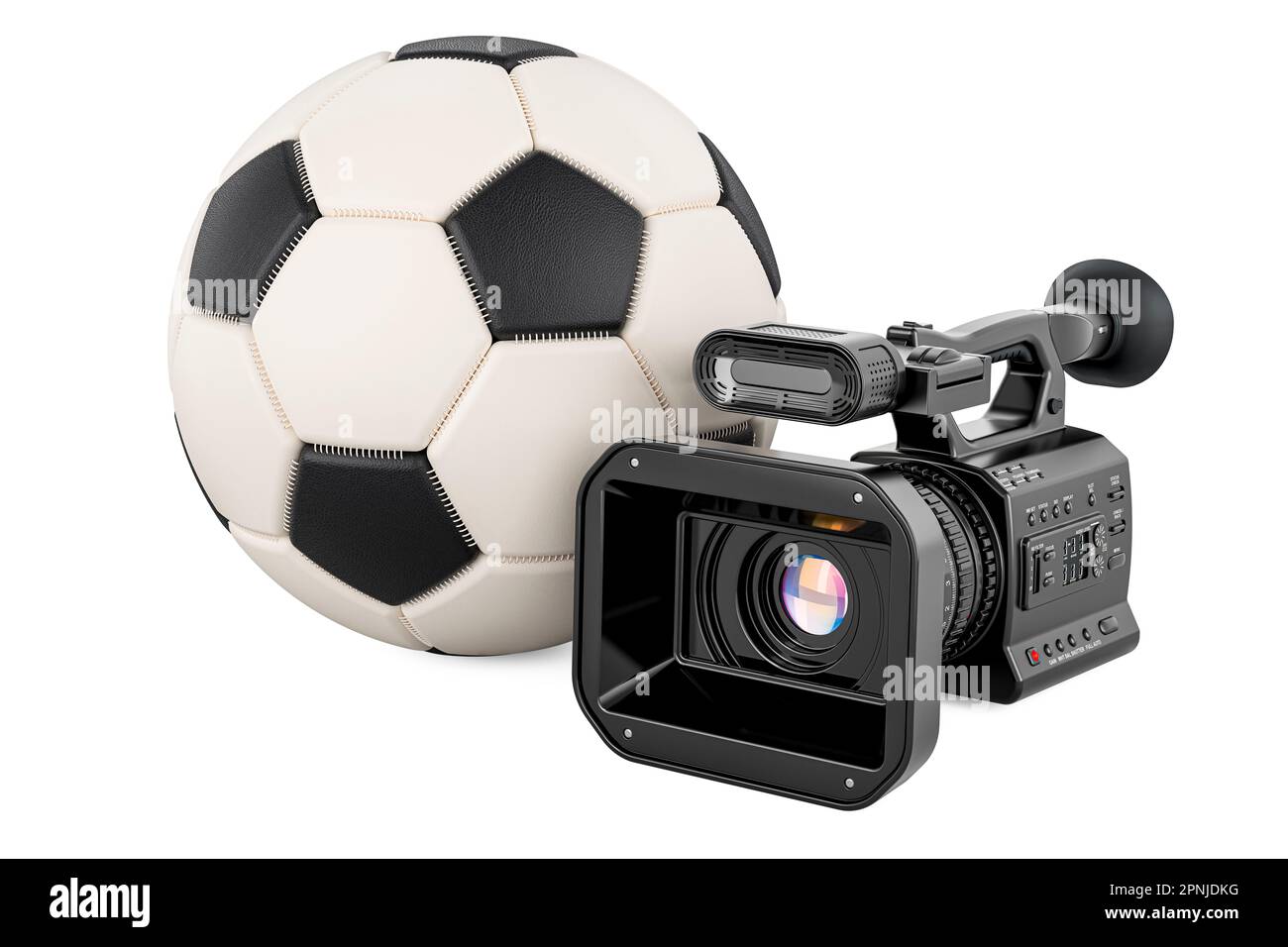 Professional video camera with soccer ball. 3D rendering isolated on ...