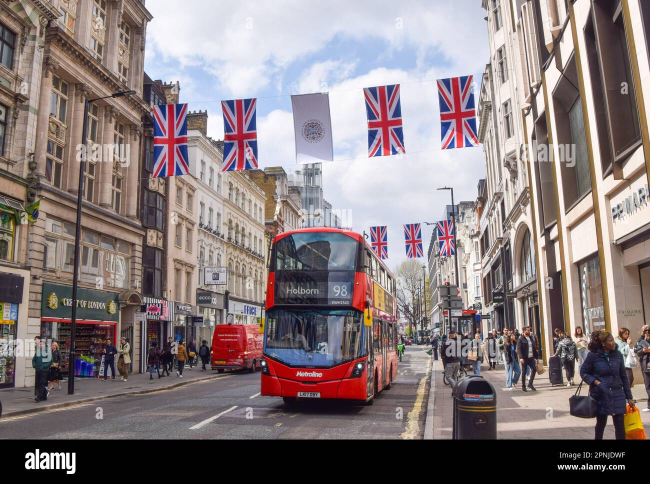 London, UK. 19th April 2023. Union Jacks have been installed in Oxford Street as preparations