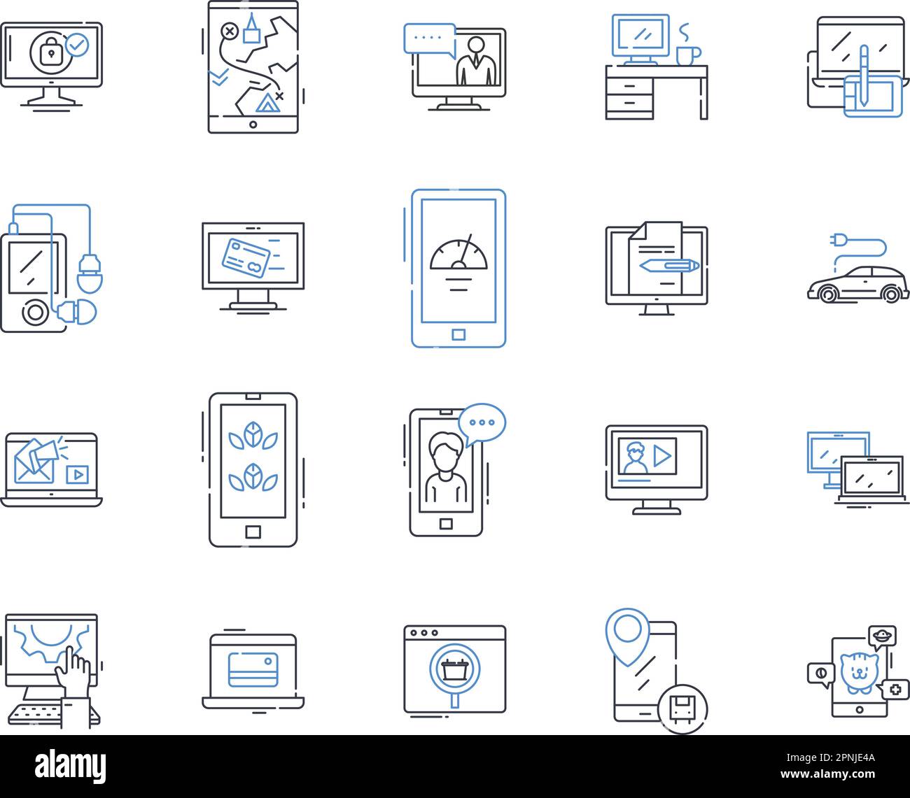 Bluetooth line icons collection. Wireless, Connectivity, Headphs, Speakers, Mobile, Computer, Earbuds vector and linear illustration. Audio,Microph Stock Vector