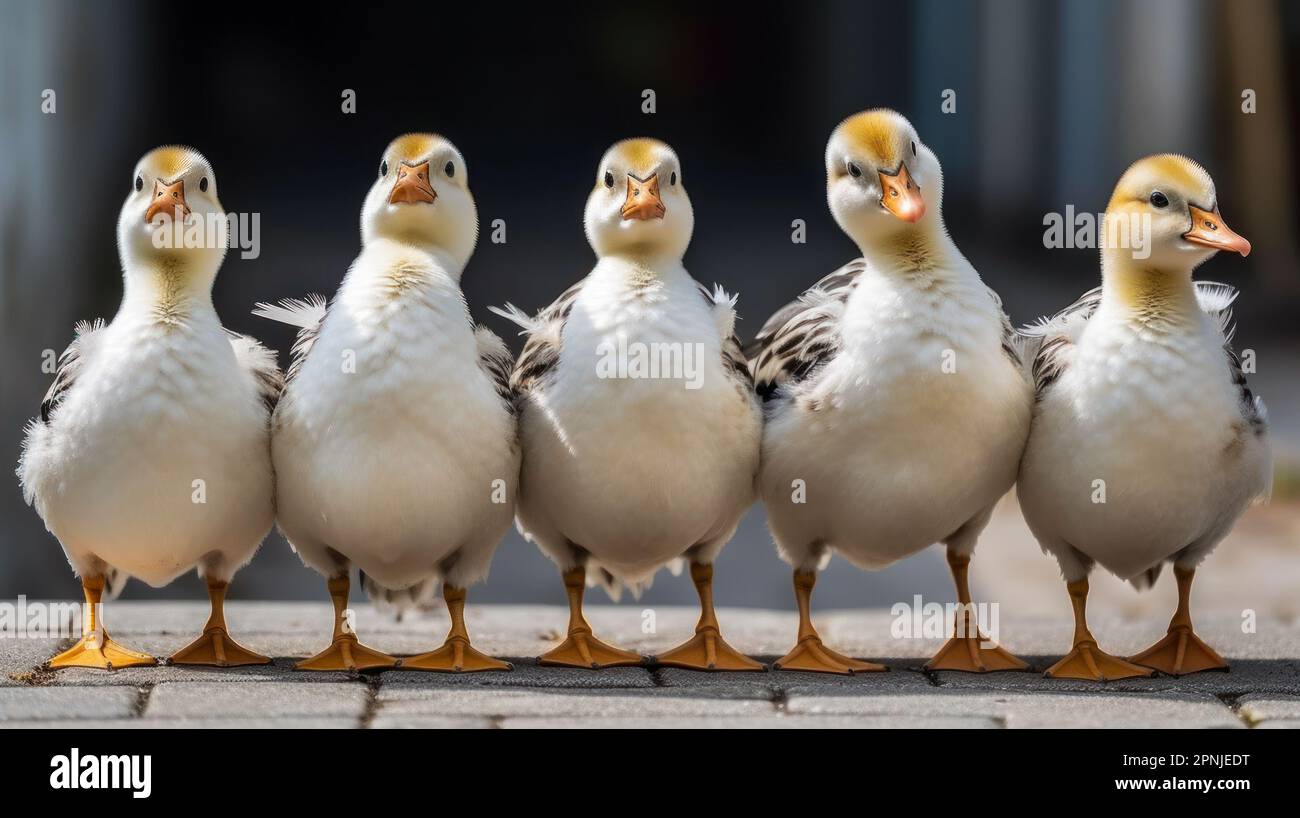 group funny ducks lined up in a row generative ai Stock Photo Alamy