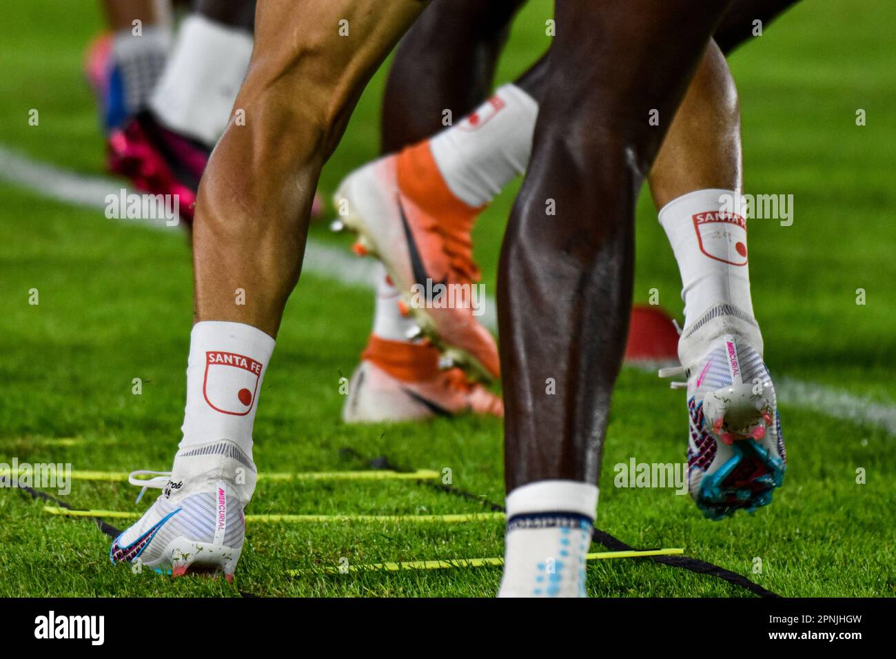 Independiente Santa Fe players warm up during the Independiente Santa Fe V Gimnasia match during the CONMEBOL Libertadores group match, on April 18, 2023. Photo by: Cristian Bayona/Long Visual Press Stock Photo