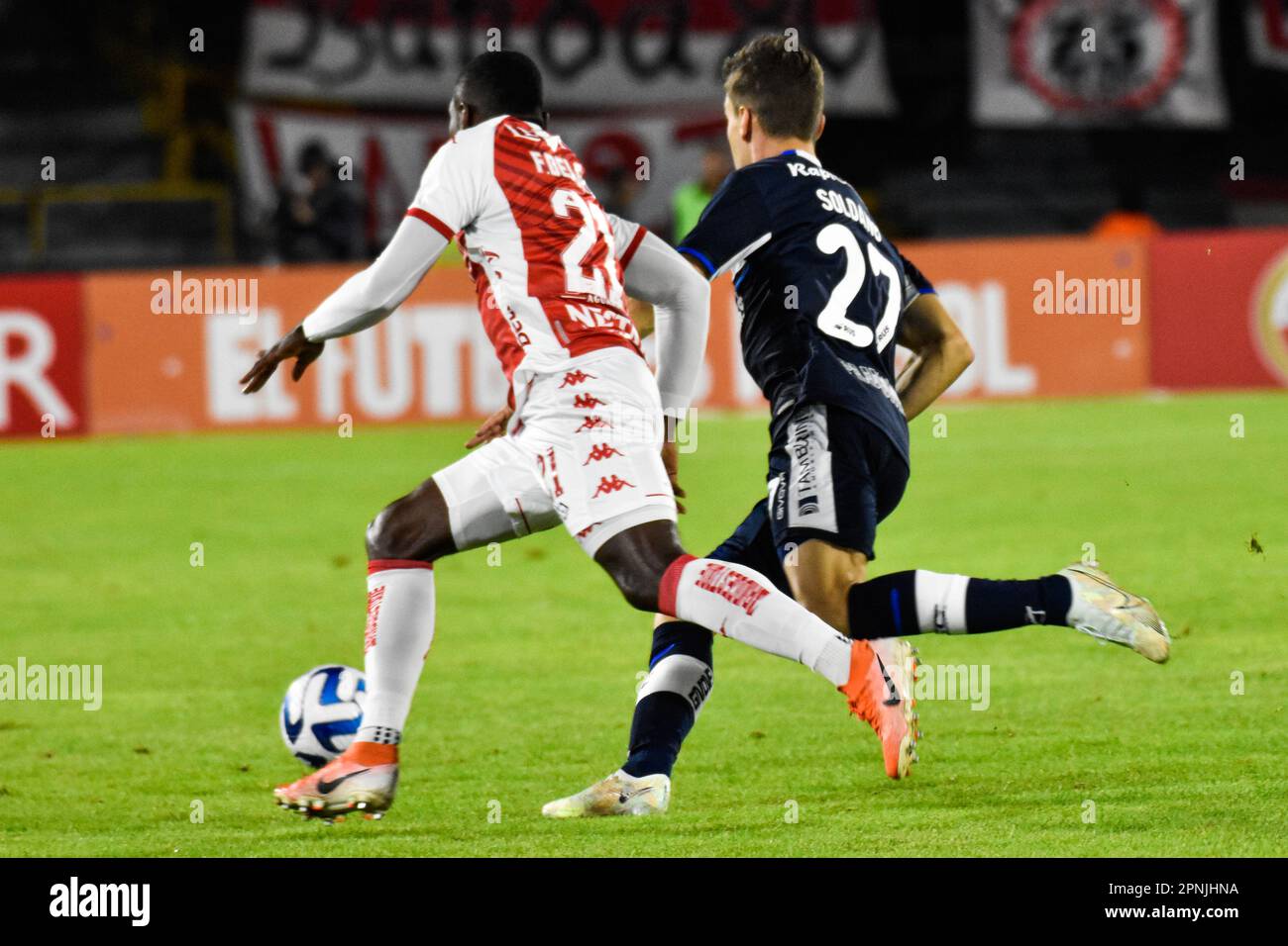 Independiente Santa Fe's Fabio Delgado and Gimnasia's Franco Soldano during the Independiente Santa Fe V Gimnasia match during the CONMEBOL Libertadores group match, on April 18, 2023. Photo by: Cristian Bayona/Long Visual Press Stock Photo