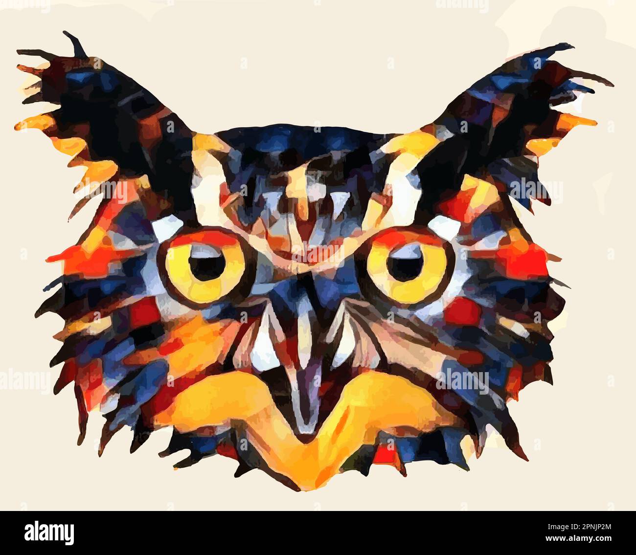 A great horned owl is seen in a colorful graphic design that is a vector image. Stock Vector