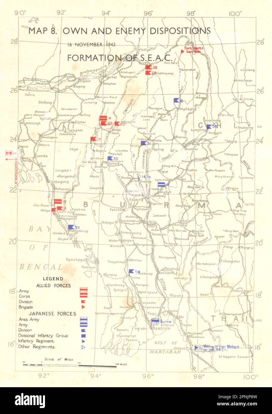 ASIA. Oct, 1943, to Feb, 1944. Own & Enemy positions formation of SEAC 1951 map Stock Photo