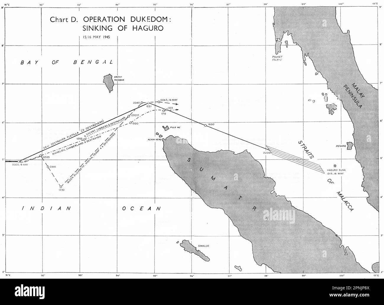 SINGAPORE. May to Sep, 1945. Operation Dukedom sinking of Haguro 1951 old map Stock Photo
