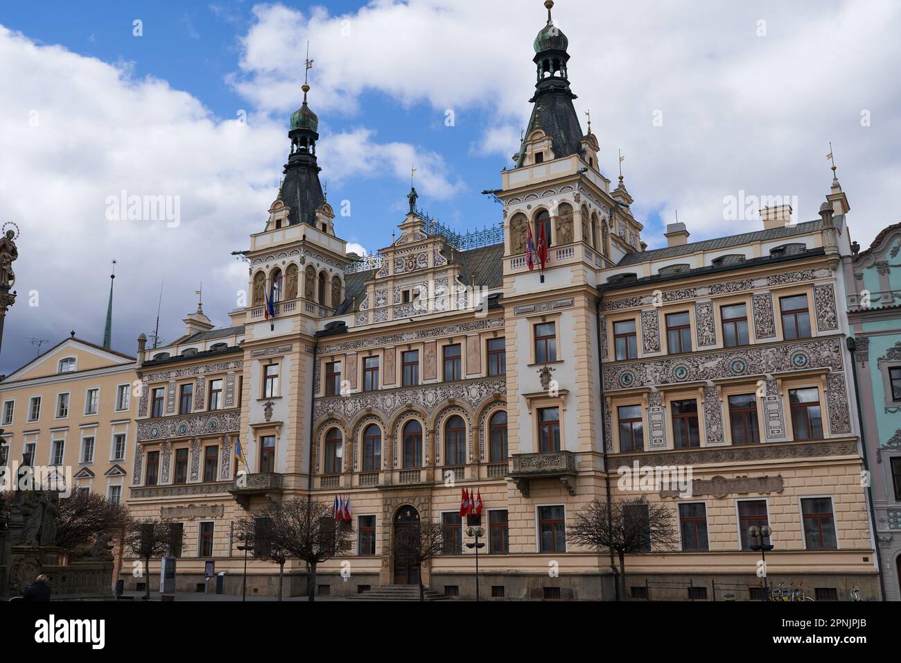 Pardubice, Czech Republic - March 25, 2023 - the Town Hall in the Pernstejn Square one spring afternoon Stock Photo
