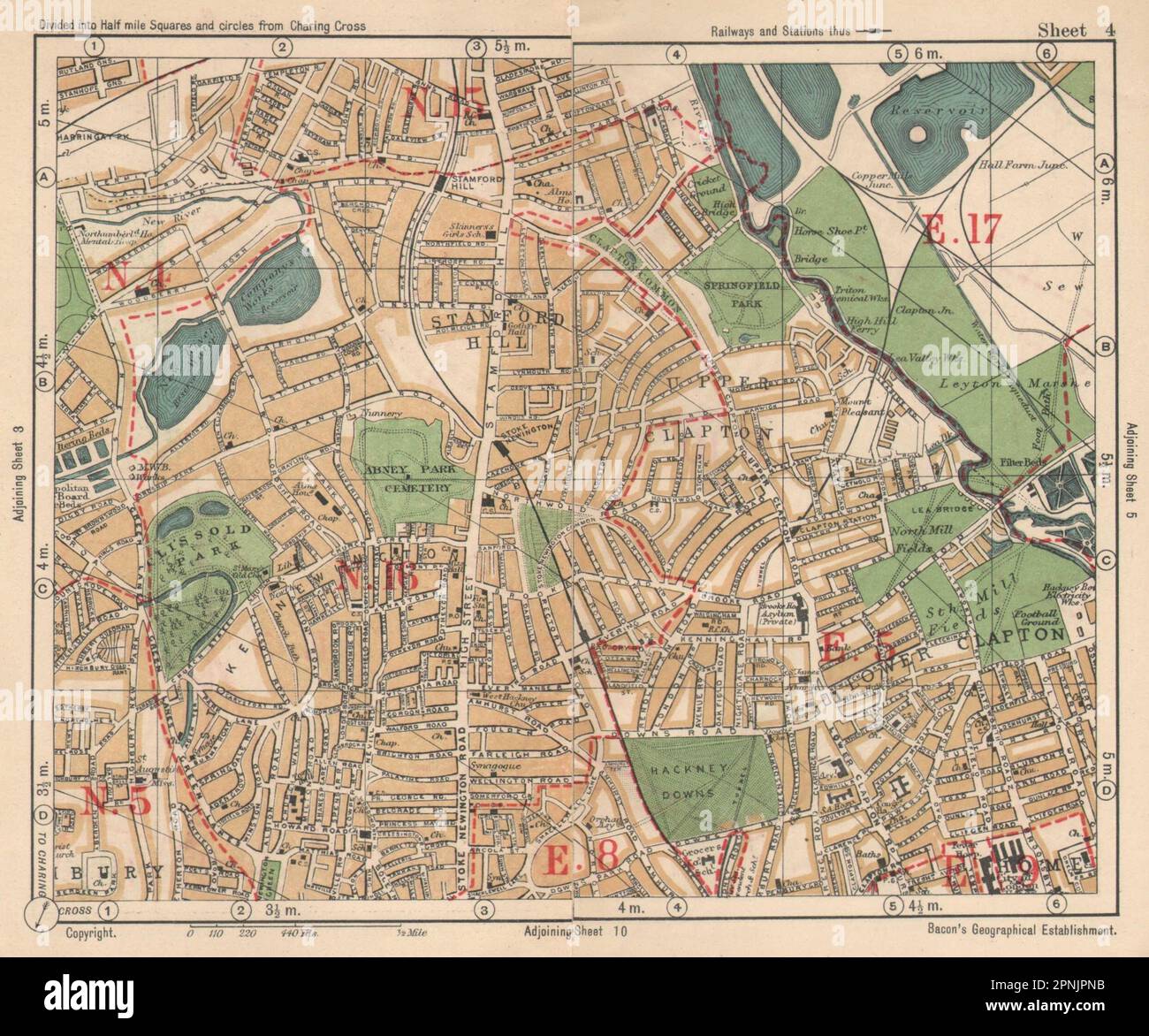 NE LONDON. Stoke Newington Stamford Hill Clapton South Tottenham BACON 1925 map Stock Photo