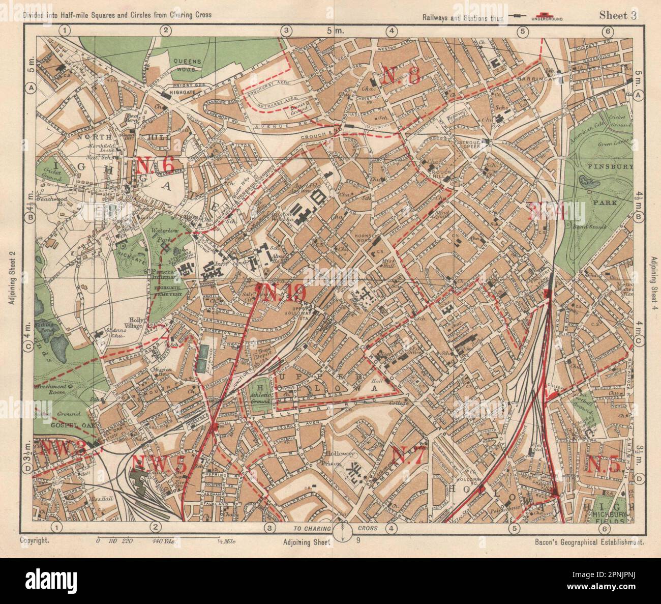 N LONDON. Highgate Crouch End Holloway Finsbury Park Gospel Oak. BACON 1925 map Stock Photo