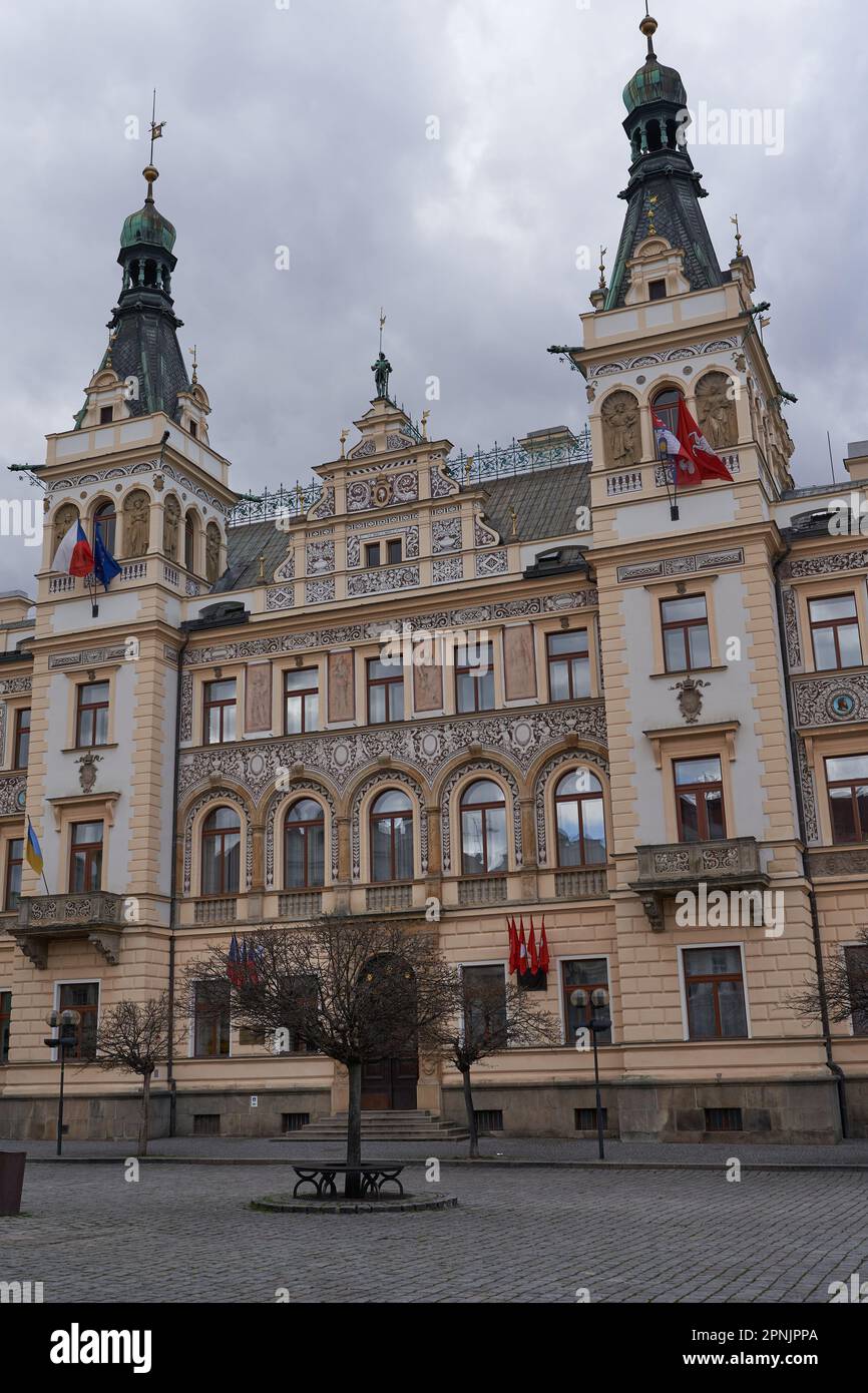 Pardubice, Czech Republic - March 25, 2023 - the Town Hall in the Pernstejn Square one spring afternoon Stock Photo
