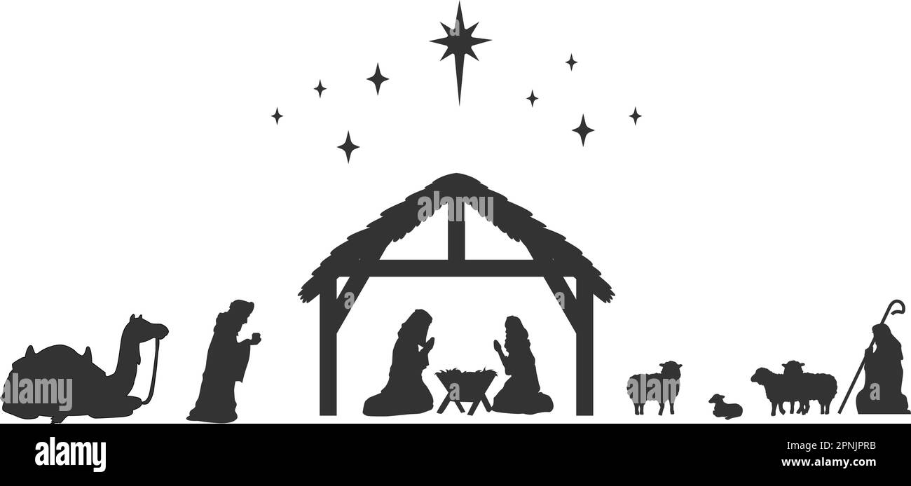 Biblical Christmas story Baby - Biblical Christmas Story Baby Jesus In The Manger With Mary And Joseph The Holy Family In Stable Silhouette Vector Illustration 2PNJPRB 