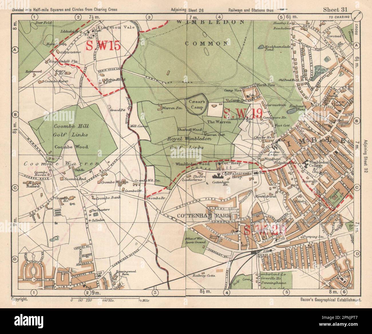 SW LONDON. Wimbledon Common Cottenham Park Malden Coombe Hill. BACON 1925 map Stock Photo Alamy