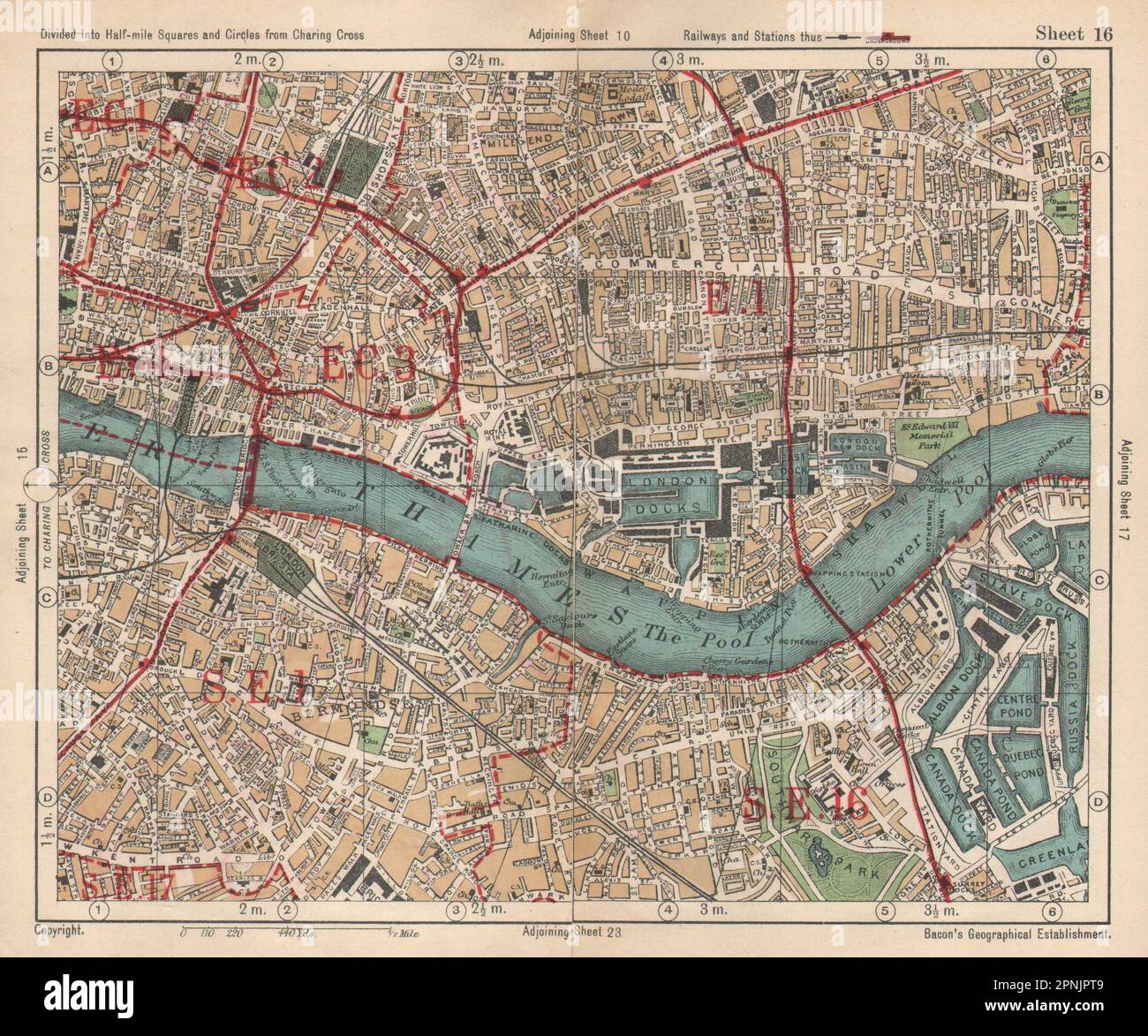 LONDON. City East End Bermondsey Stepney Rotherhithe Whitechapel.BACON 1925 map Stock Photo