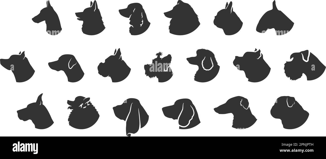 Dog head silhouette. Breeds pet set isolated black icon. Animal collection. Vector flat illustration on white background EPS10 Stock Vector