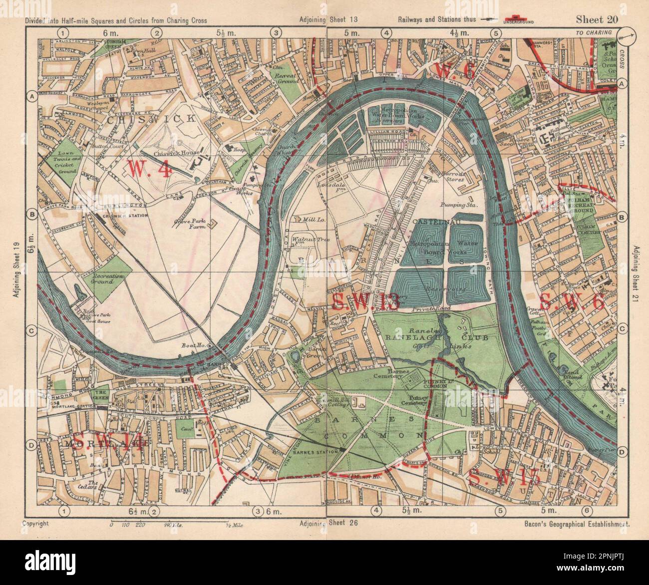 SW LONDON. Chiswick Barnes Castlenau Fulham Hammersmith Mortlake.BACON 1925 map Stock Photo