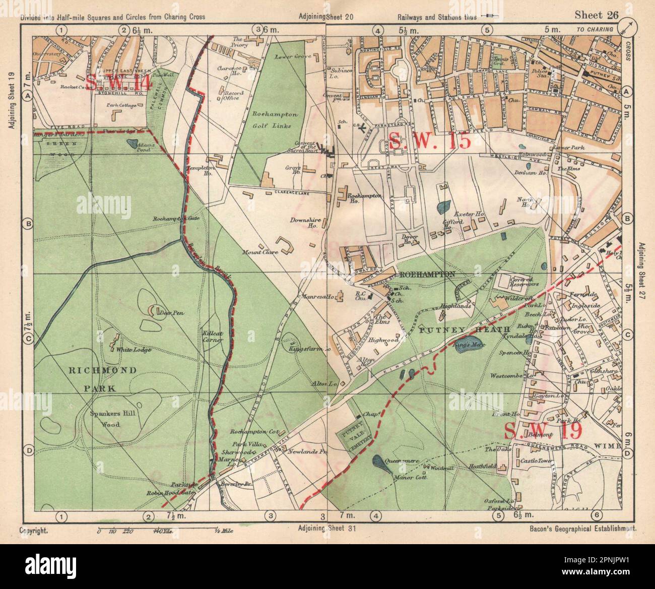 SW LONDON. Putney Roehampton Richmond Park Wimbledon Common. BACON 1925 map Stock Photo