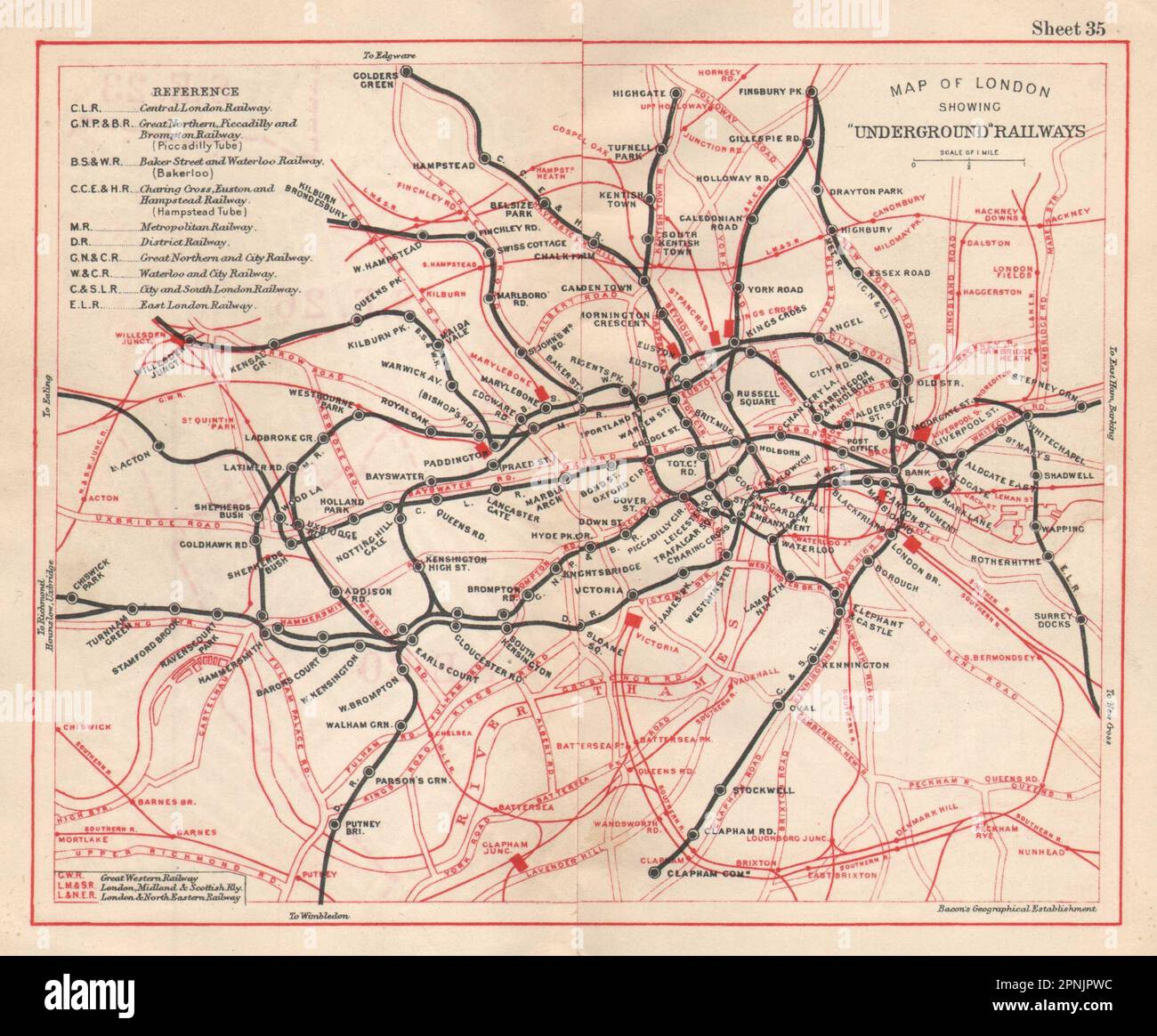 LONDON UNDERGROUND MAP. Tube & railways. BACON 1925 old vintage plan chart Stock Photo