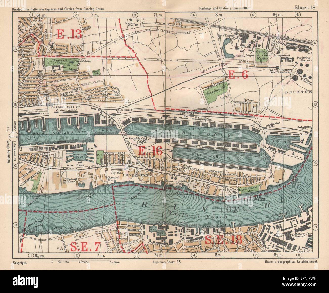 E LONDON Royal Victoria/Albert Docks Beckton Woolwich Silvertown.BACON 1925 map Stock Photo