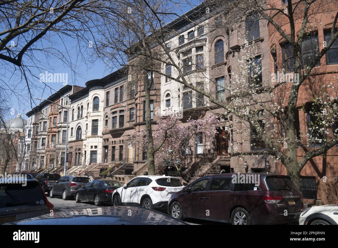 Park Slope Brownstone residential street in Brooklyn, New York Stock