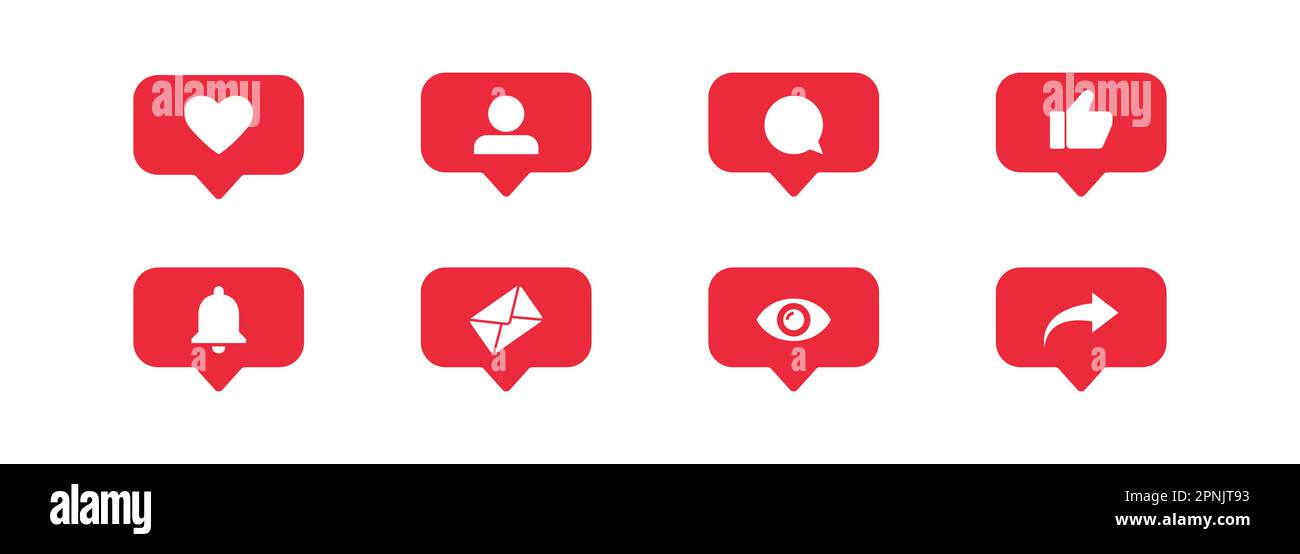 Social media icons set. Red speech bubble notification, like and comment. Collection functional buttons for network app. Isolated flat vector icon Stock Vector