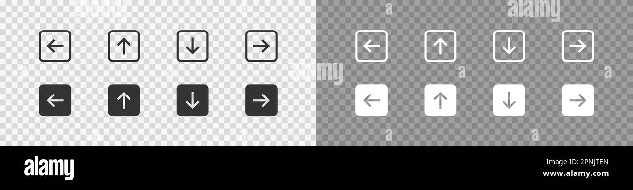 Arrow in a square shape set black and white icon. Vector flat button ...