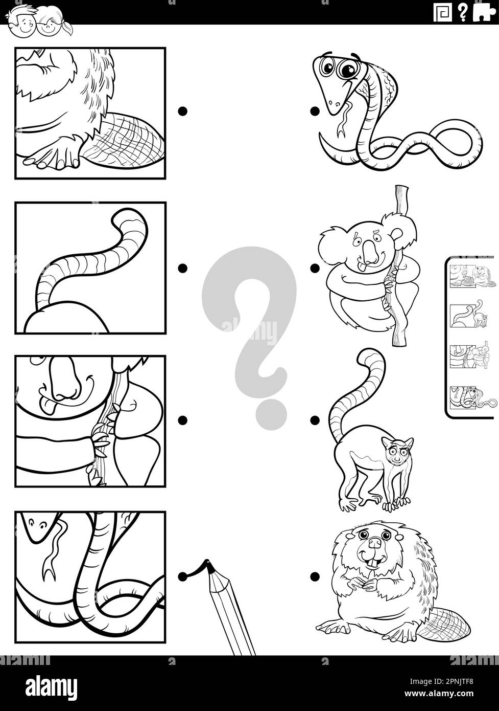 Black and white cartoon illustration of educational matching game with animal characters and pictures clippings coloring page Stock Vector