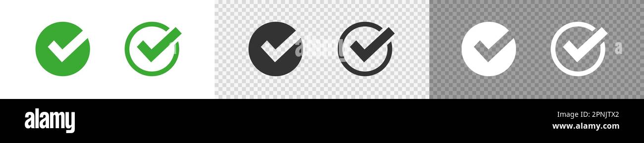 Check mark set icon. Green, black and white checkmark button in flat on ...