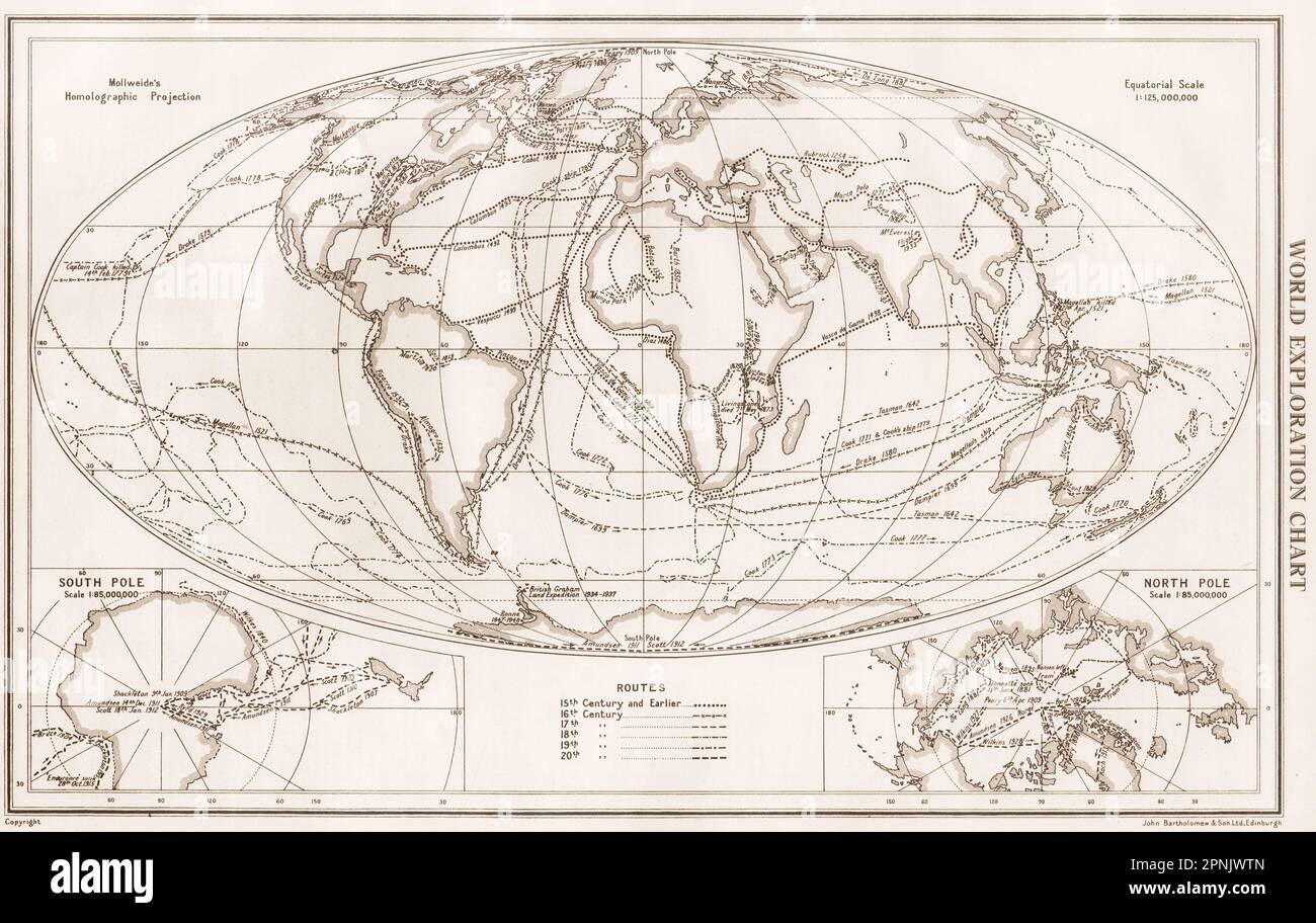WORLD EXPLORATION. Explorers routes dates centuries. BARTHOLOMEW 1952 