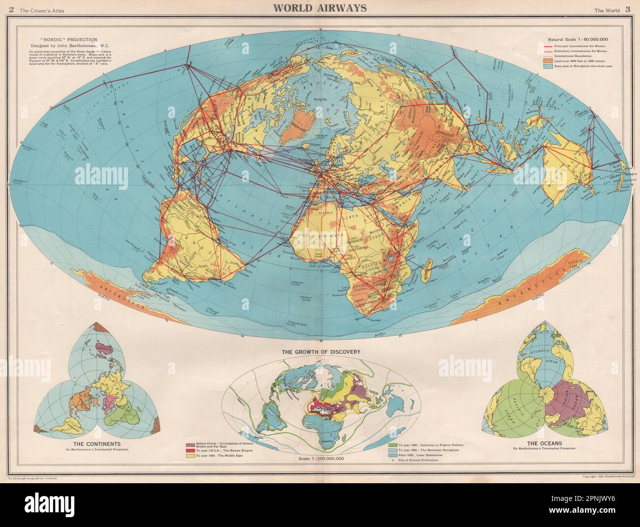 WORLD AIR ROUTES Nordic projection - World Air Routes Nordic Projection Airways Bartholomew 1952 Old Vintage Map 2PNJWY6 