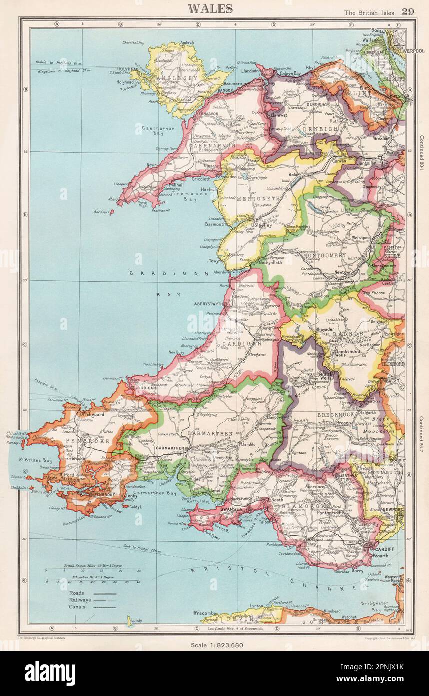 WALES. showing counties. BARTHOLOMEW 1952 old vintage map plan chart