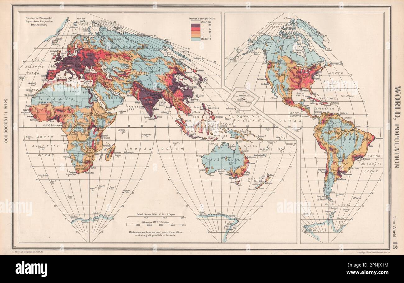WORLD POPULATION. Sinusoidal equal area projection. BARTHOLOMEW 1952