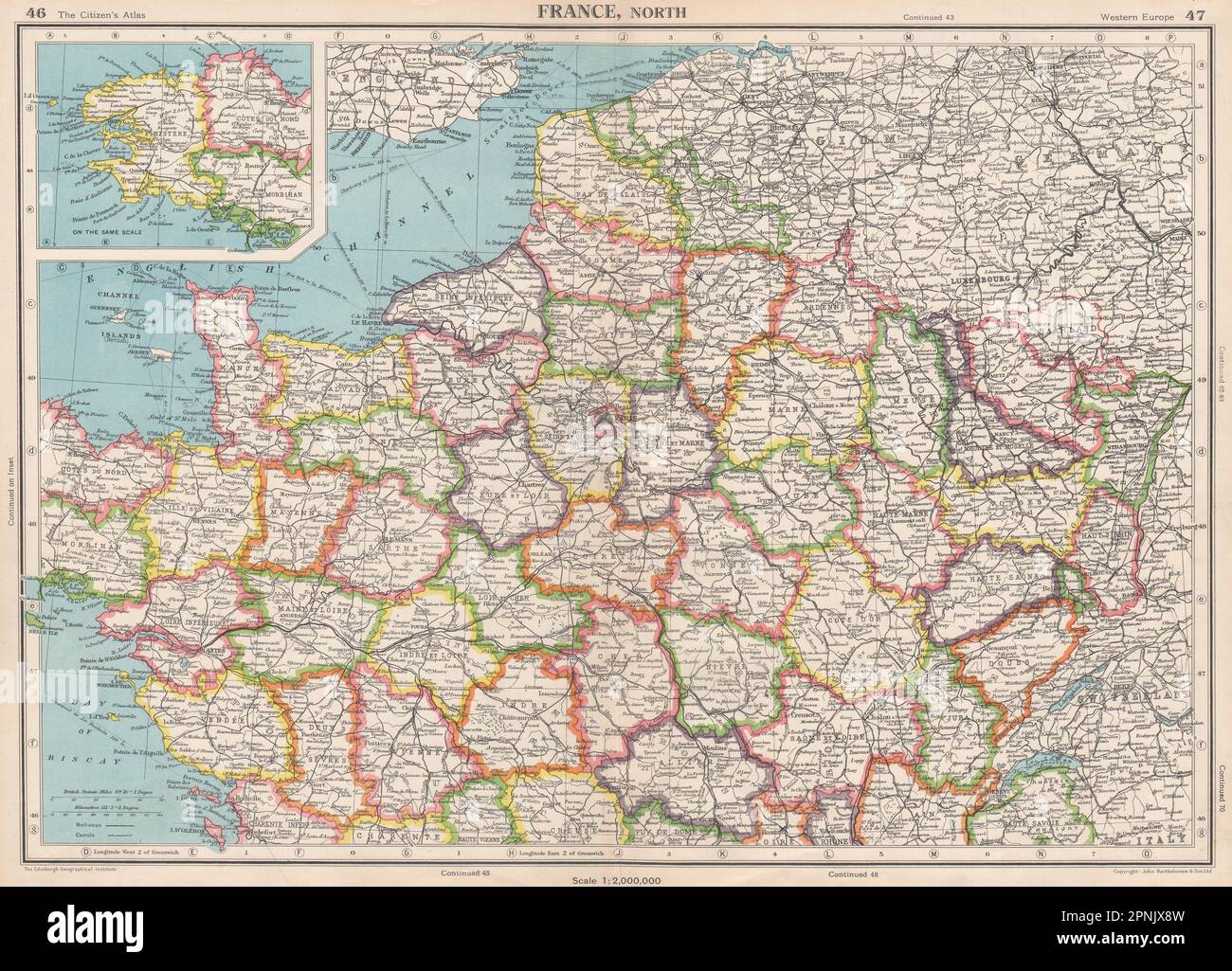 FRANCE NORTH. Shows French-occupied Saarland protectorate. BARTHOLOMEW 1952 map Stock Photo