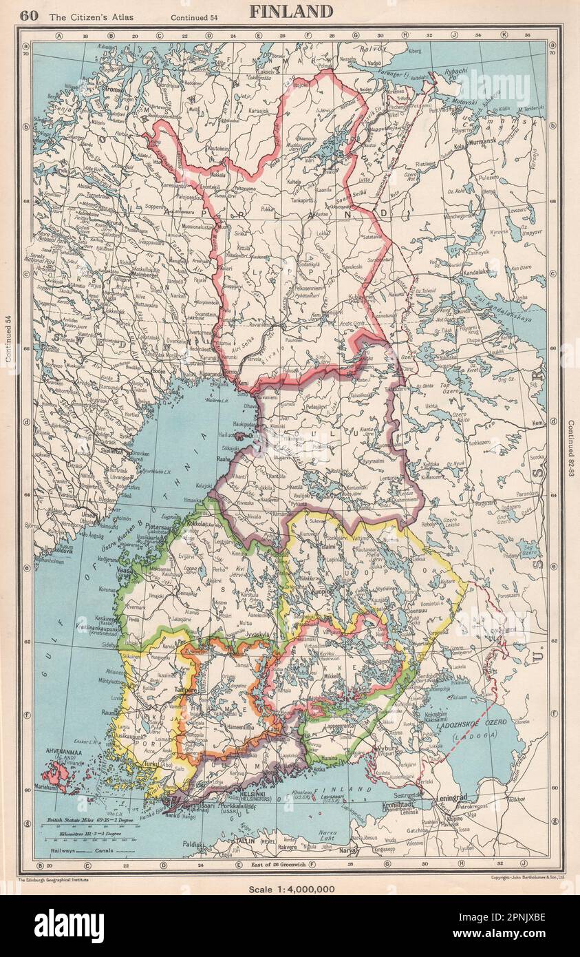 FINLAND. showing provinces. Also shows pre-1940 borders/changes 1952 old map Stock Photo