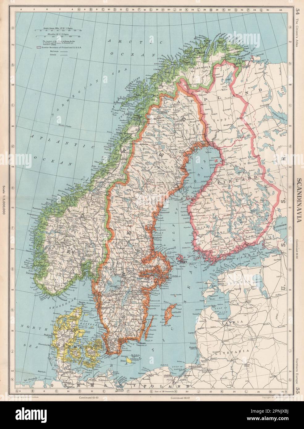 SCANDINAVIA. Sweden Norway Denmark Finland (shows < 1940 borders)  1952 map Stock Photo