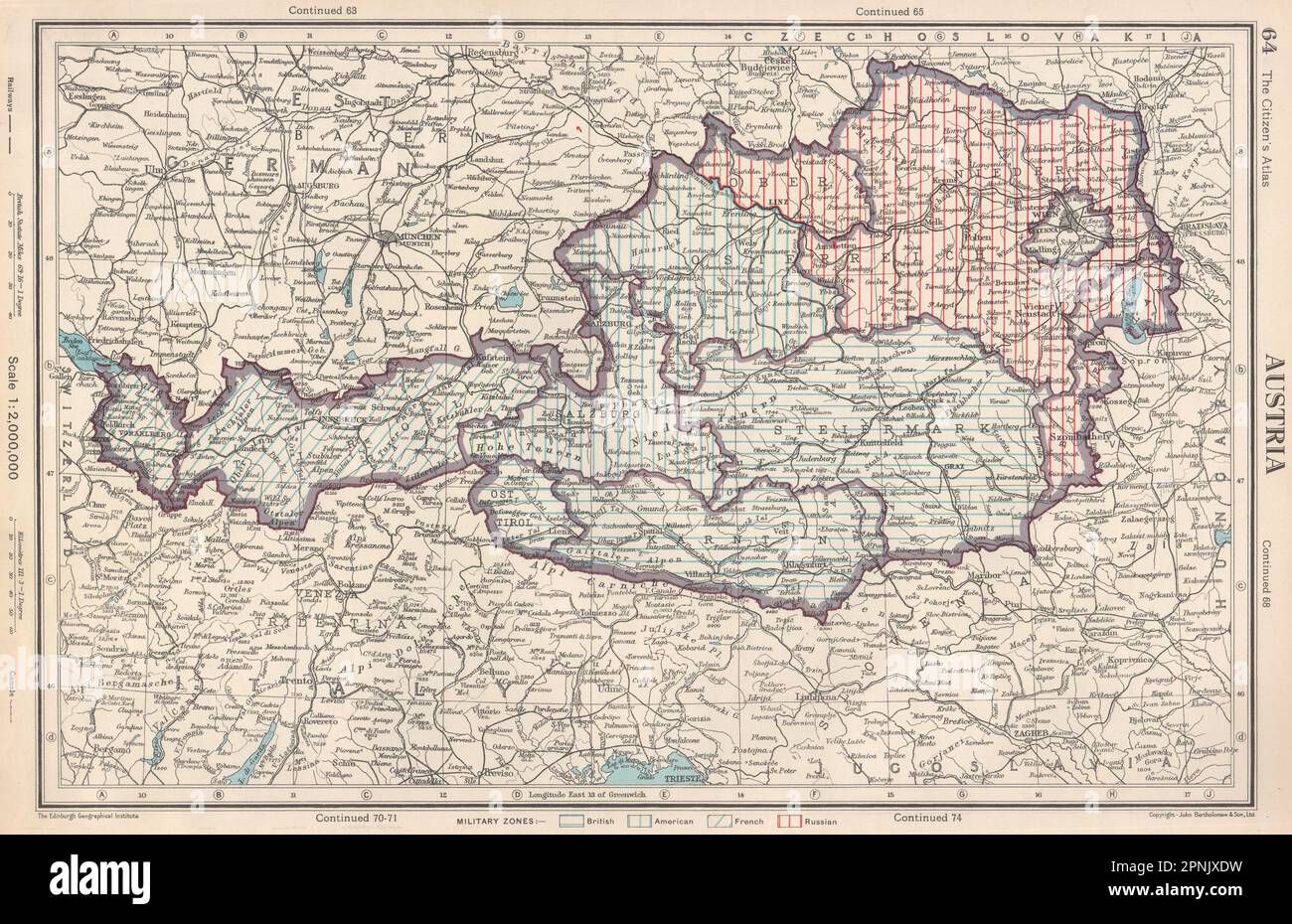 AUSTRIA. showing post WW2 military zones. British US French Russian 1952 map Stock Photo