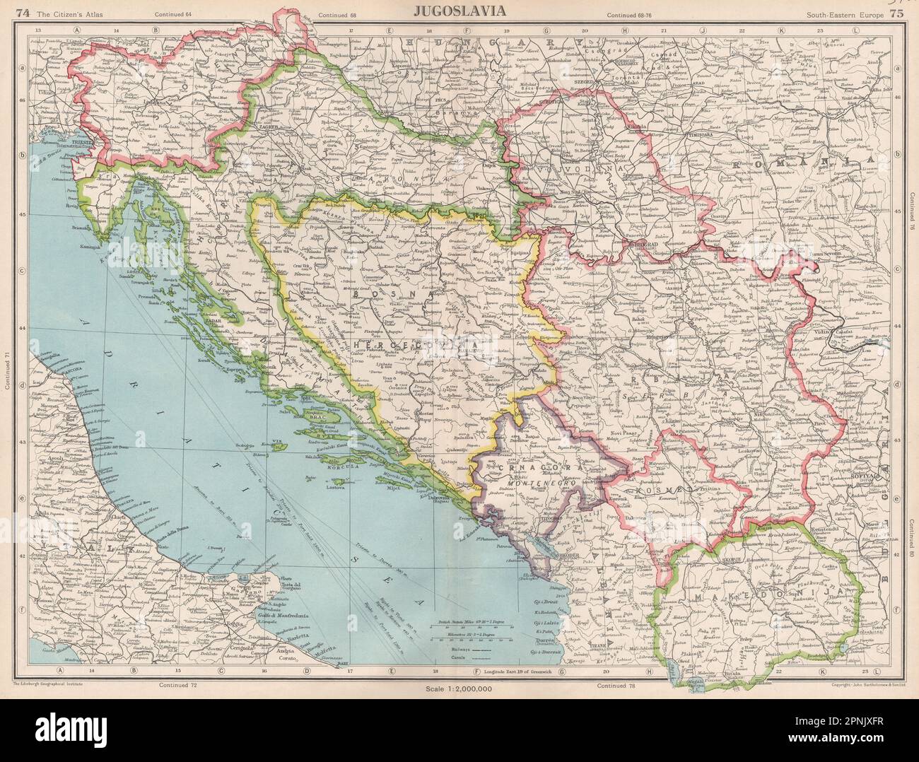 YUGOSLAVIA. Shows Independent Free Territory of Trieste. BARTHOLOMEW 1952 map Stock Photo