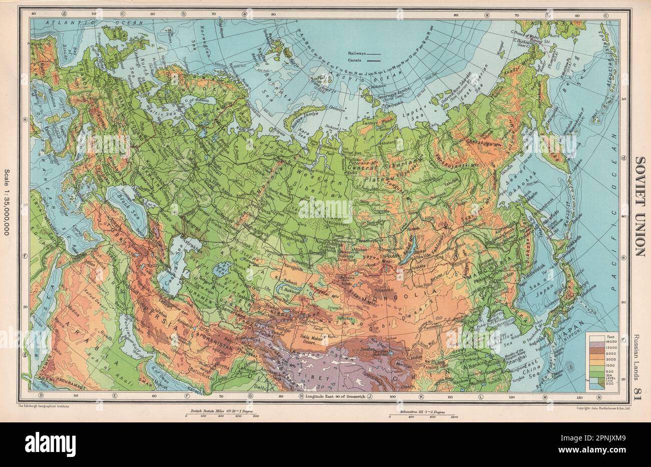 SOVIET UNION PHYSICAL. USSR. Railways. BARTHOLOMEW 1952 old vintage map chart Stock Photo