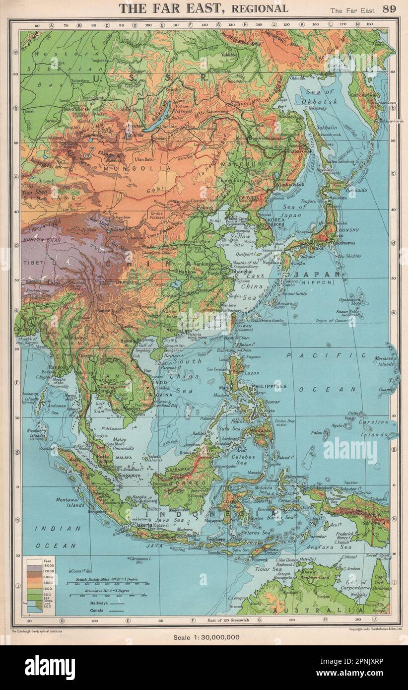 THE FAR EAST PHYSICAL. East Asia East Indies. BARTHOLOMEW 1952 old vintage map Stock Photo
