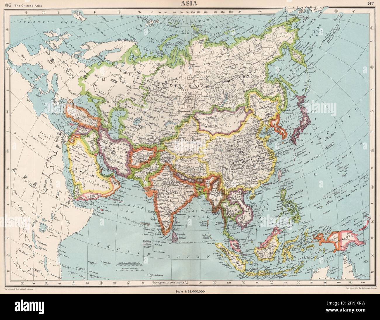 ASIA. Political. Shows West Bank under Jordanian occupation.BARTHOLOMEW 1952 map Stock Photo