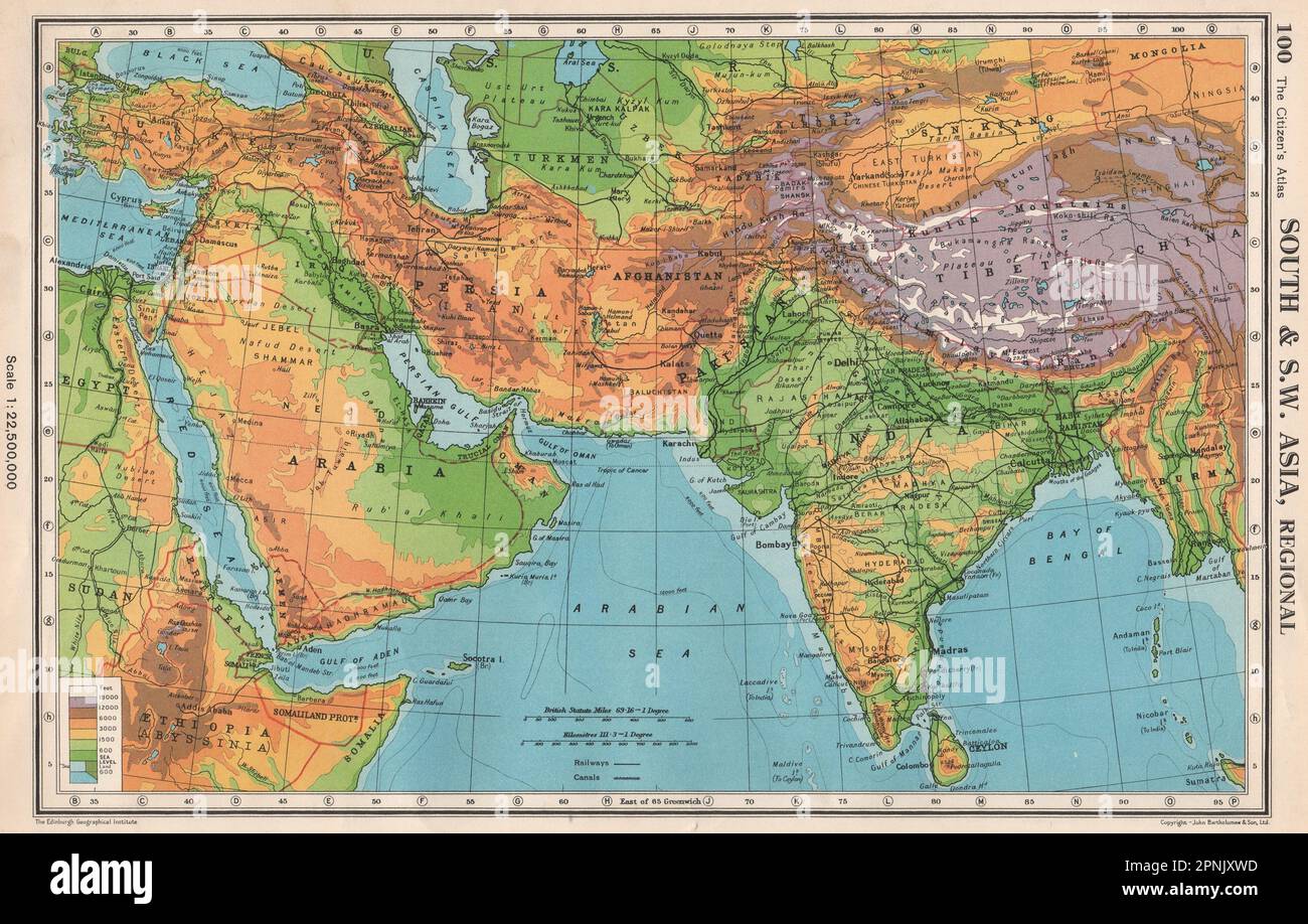 SOUTH & SOUTH WEST ASIA. Physical. Main railways. BARTHOLOMEW 1952 old map Stock Photo