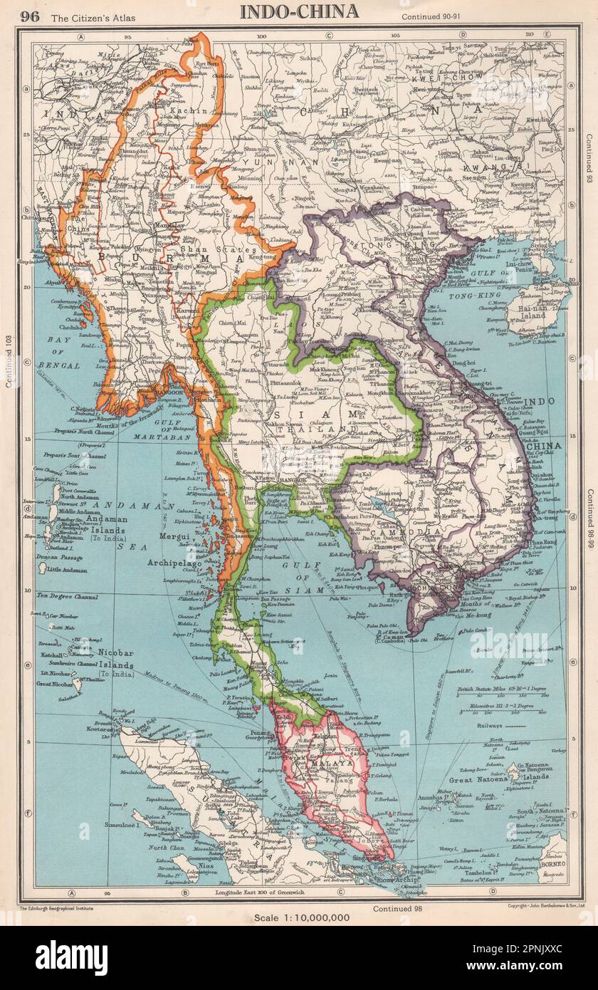 INDOCHINA. Burma Siam French Indochina Malaya. BARTHOLOMEW 1952 old map Stock Photo