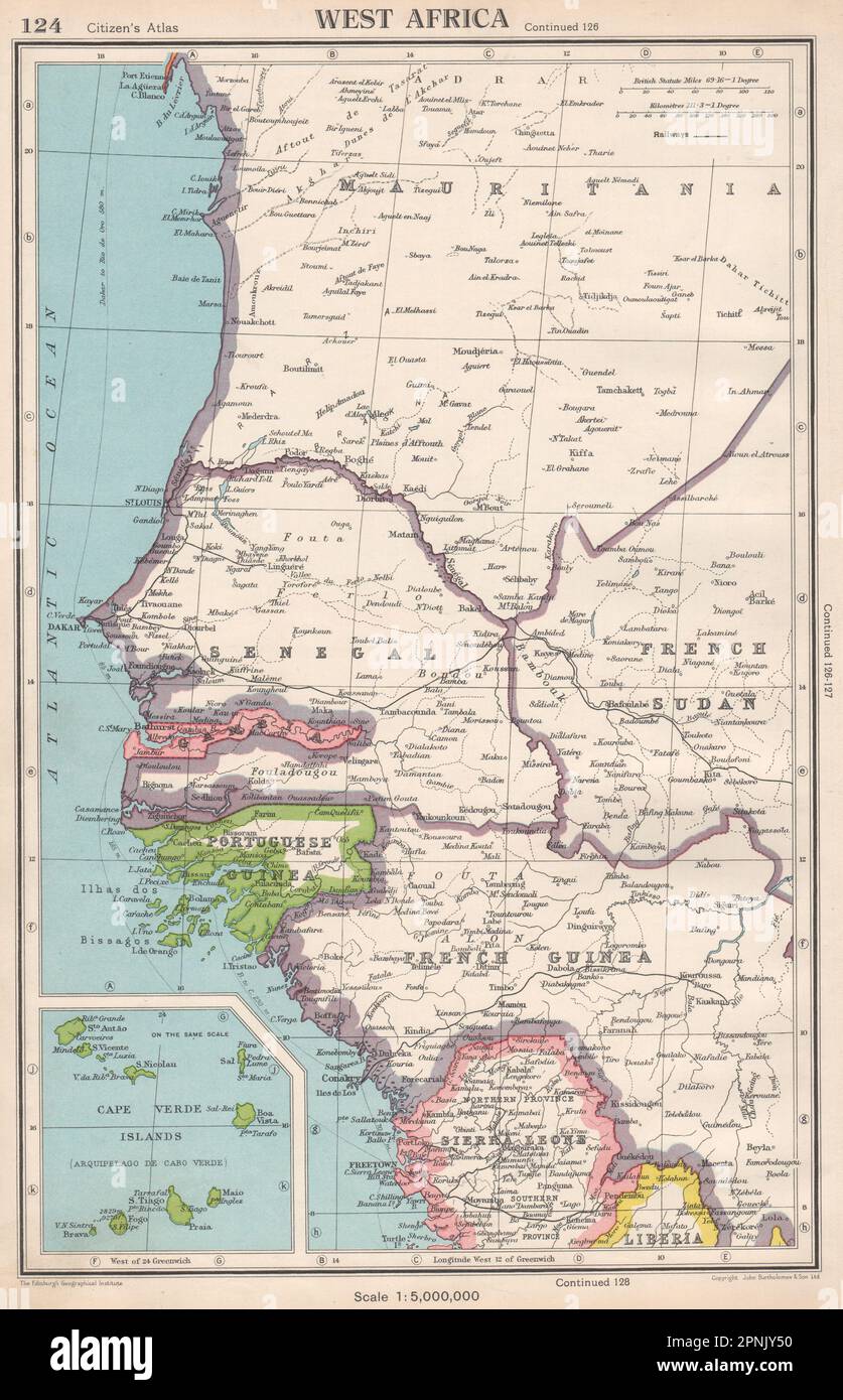 CAPE VERDE. French/Portuguese Guinea Gambia Senegal Sierra Leone 1952 old map Stock Photo