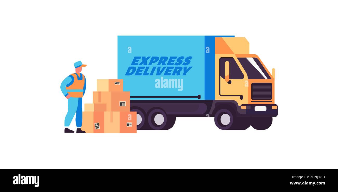 Postal delivery truck. Courier with the parcel. Express delivery truck