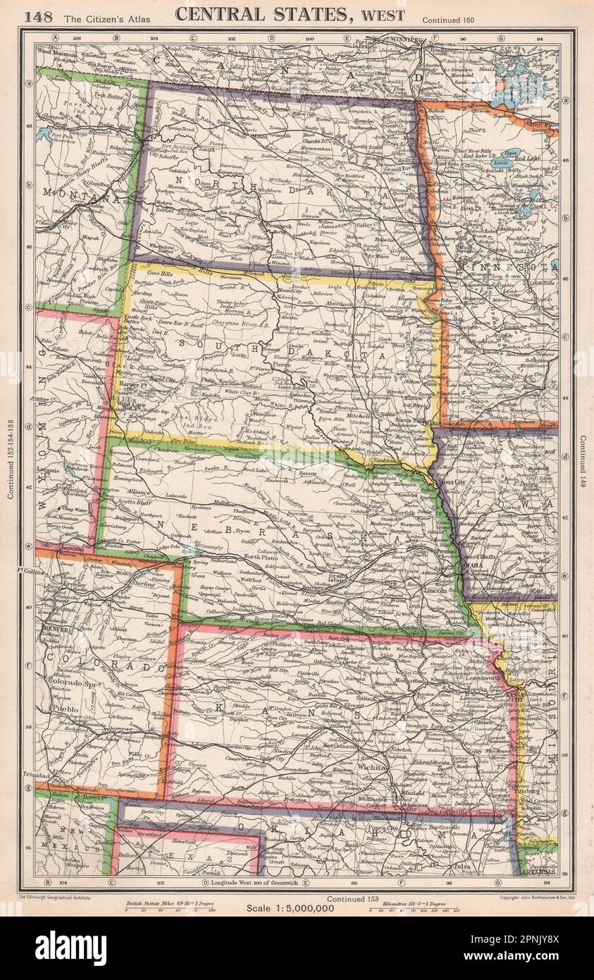 Map of west plains hi res stock - Usa Plains States North South Dakota Nebraska Kansas Bartholomew 1952 Map 2PNJY8X