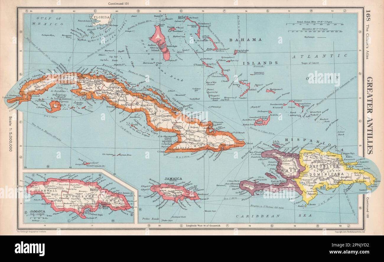 GREATER ANTILLES.Cuba Hispaniola Jamaica Bahamas.Haiti Dominican Rep. 1952 map Stock Photo