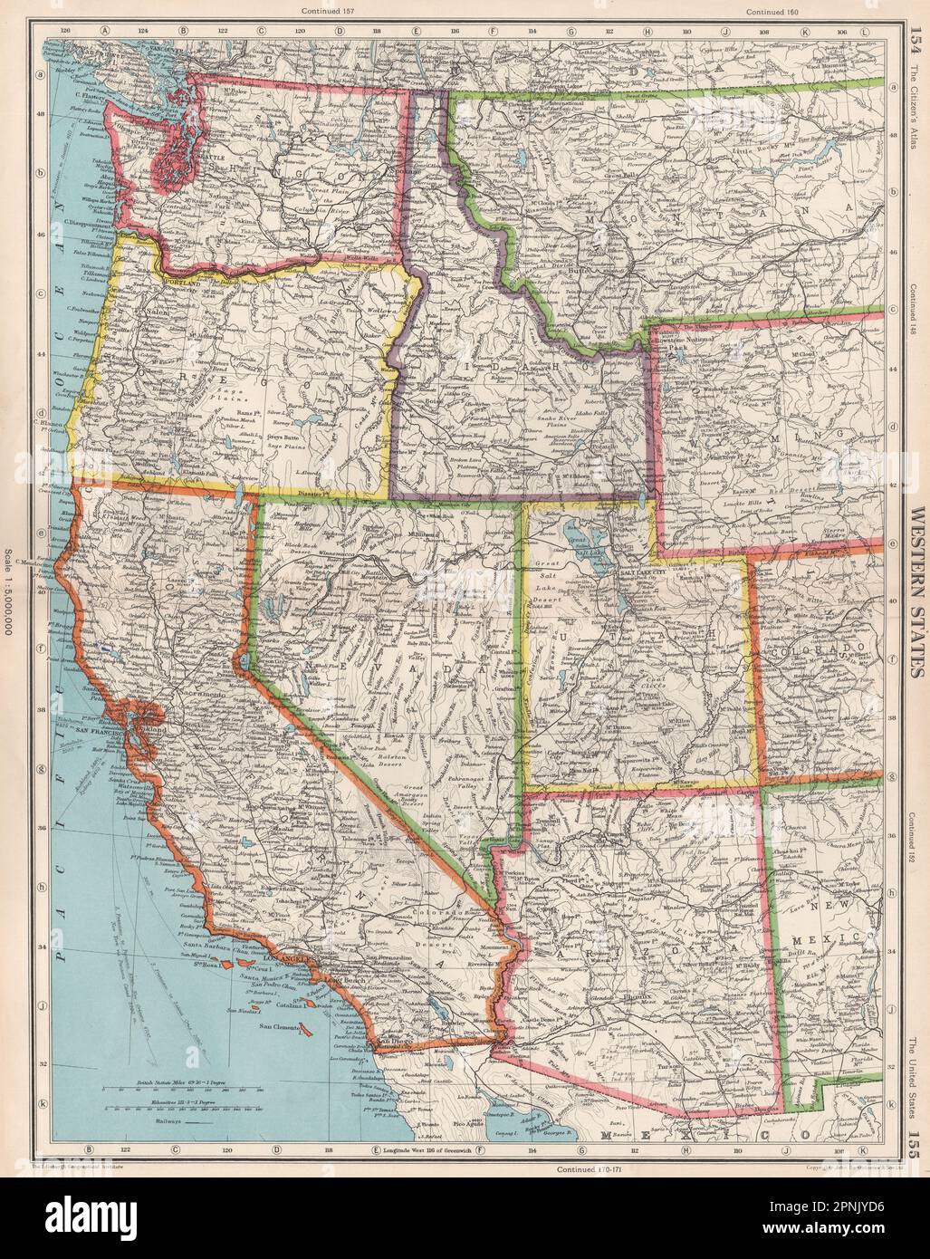 USA WESTERN STATES. California Washington WA ID NV AZ UT. BARTHOLOMEW 1952 map Stock Photo