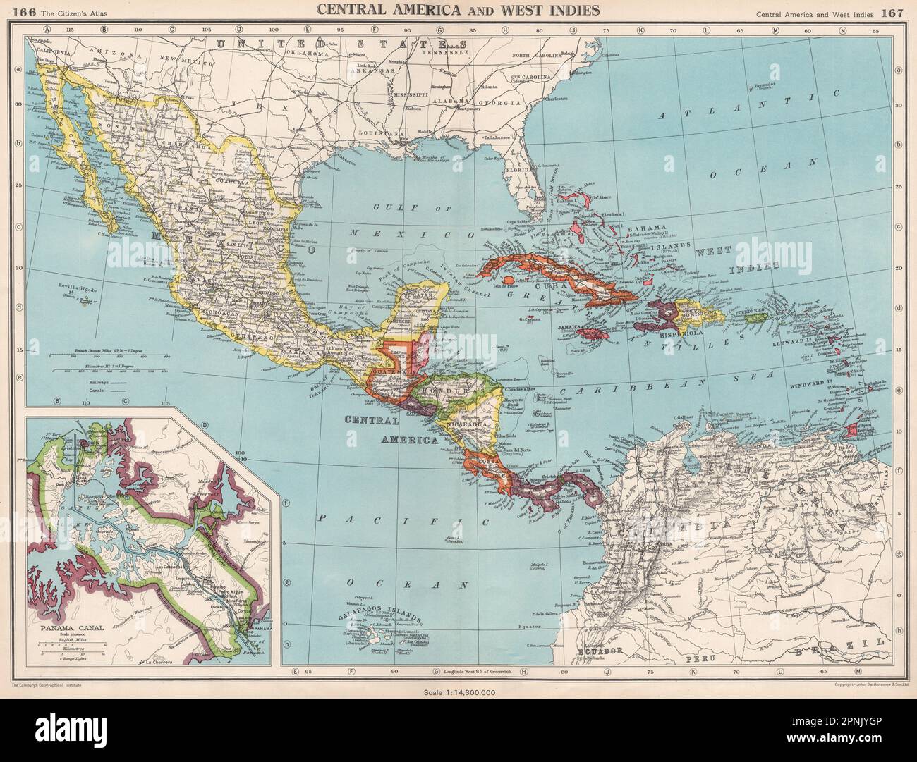 CARIBBEAN/CENTRAL AMERICA. Inset Panama Canal Zone. BARTHOLOMEW 1952 old map Stock Photo