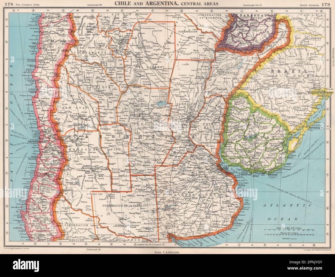 CENTRAL CHILE AND ARGENTINA. Showing provinces. Uruguay. BARTHOLOMEW 1952 map Stock Photo
