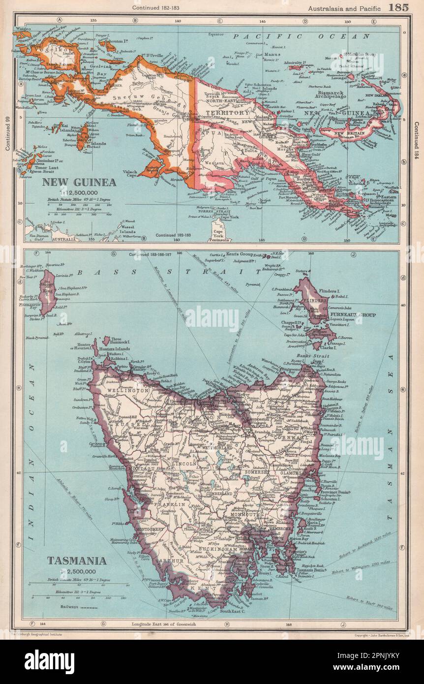 AUSTRALASIA. New Guinea; Tasmania showing counties. BARTHOLOMEW 1952 old map Stock Photo